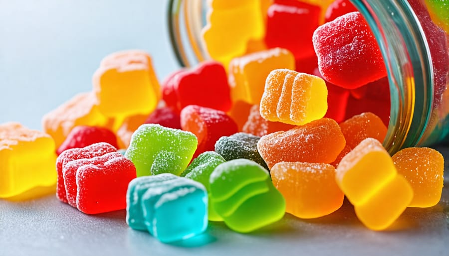 A jar filled with colorful THC gummies, highlighting their forms and shapes