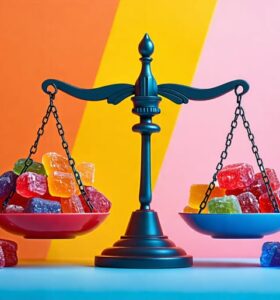 A conceptual image depicting a balanced scale; one side holds colorful THC gummies symbolizing potential mental health benefits, while the other features shadowy elements representing associated risks, highlighting the careful consideration required in using THC gummies.