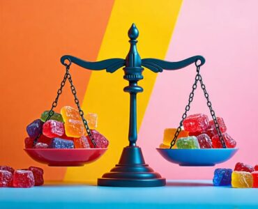 A conceptual image depicting a balanced scale; one side holds colorful THC gummies symbolizing potential mental health benefits, while the other features shadowy elements representing associated risks, highlighting the careful consideration required in using THC gummies.