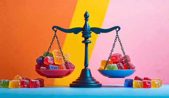 A conceptual image depicting a balanced scale; one side holds colorful THC gummies symbolizing potential mental health benefits, while the other features shadowy elements representing associated risks, highlighting the careful consideration required in using THC gummies.