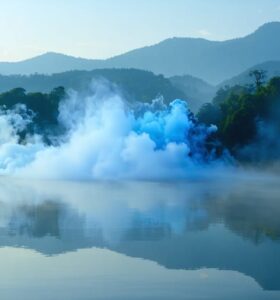 Conceptual image showing a serene landscape with vapor clouds illustrating the connection between vaping and mental well-being.